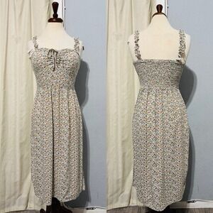 AUW L Green Floral Smocked Tie-Front Ruffle Strap Slit Midi Dress‎ Padded Bra